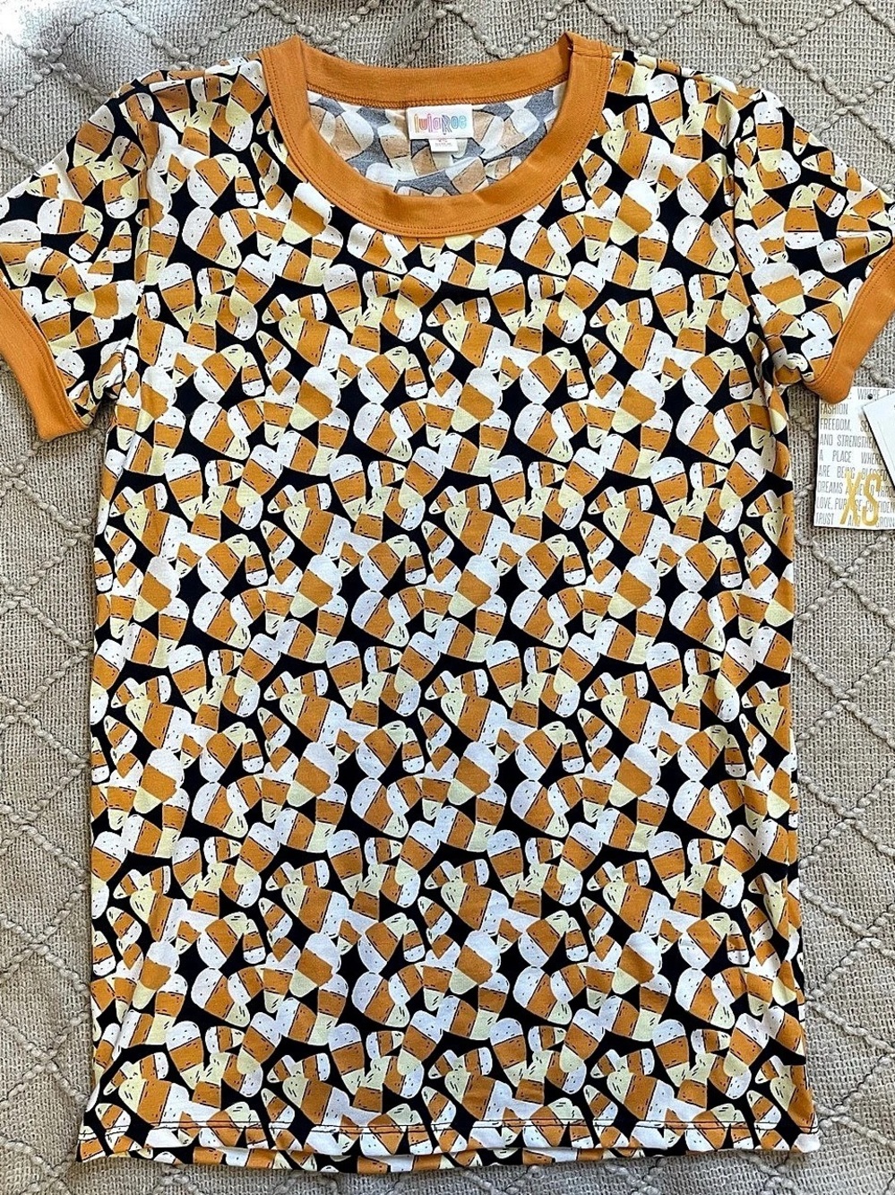 NWT LuLaRoe Liv Tee Candy Corn Print Dark Grey, Yellow, White, Orange